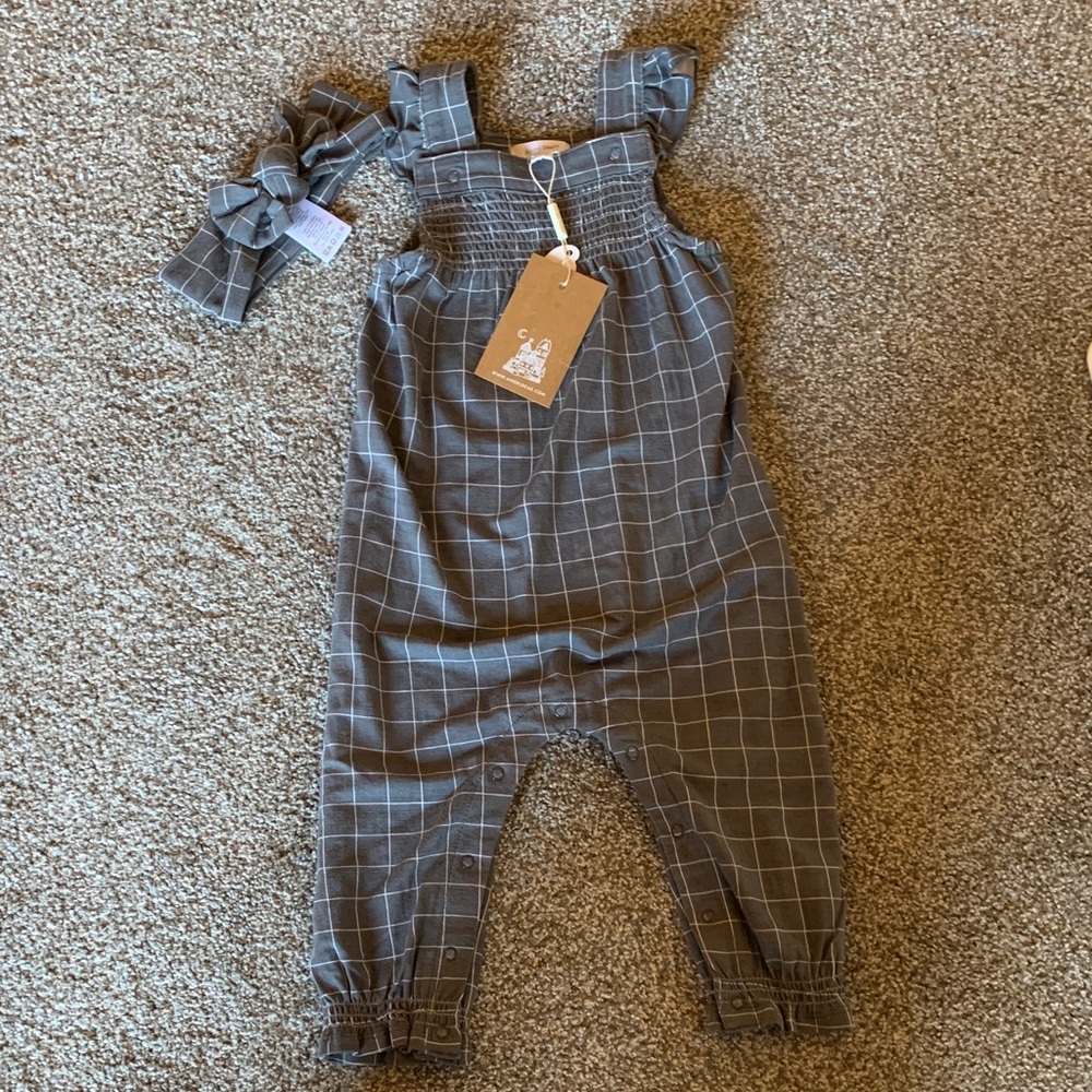 Angel Dear Gray Checkered Baby Overalls with Bow
